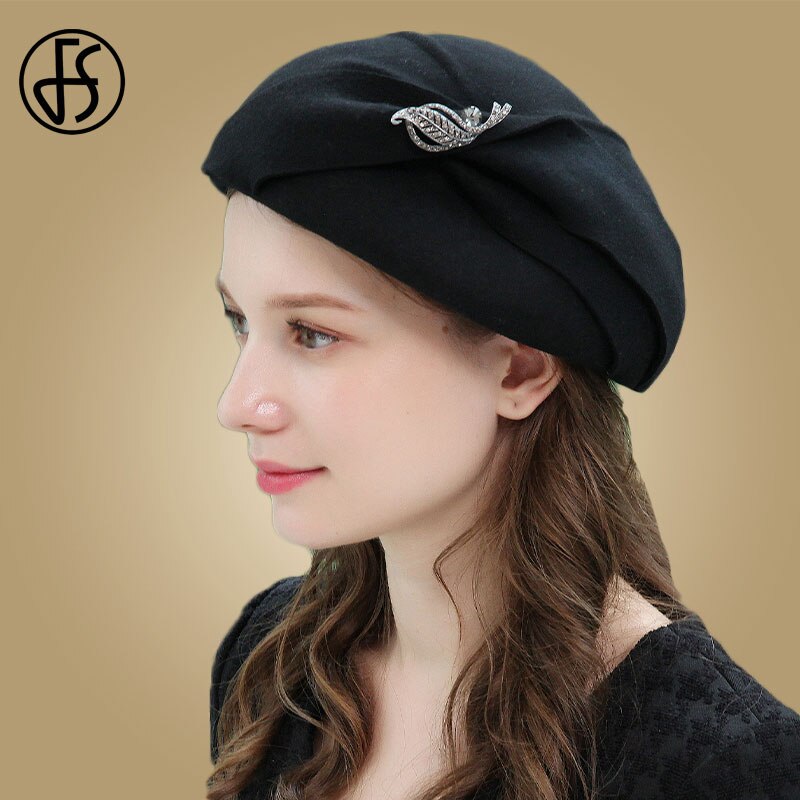 Fs Zwarte Baret Hoeden Voor Vrouwen Fedora Brede Rand Wolvilt Hoeden Cloche Hoed Voor Dames Hoed Vintage Kerk Ronde baretten Chapeau Femm: Black