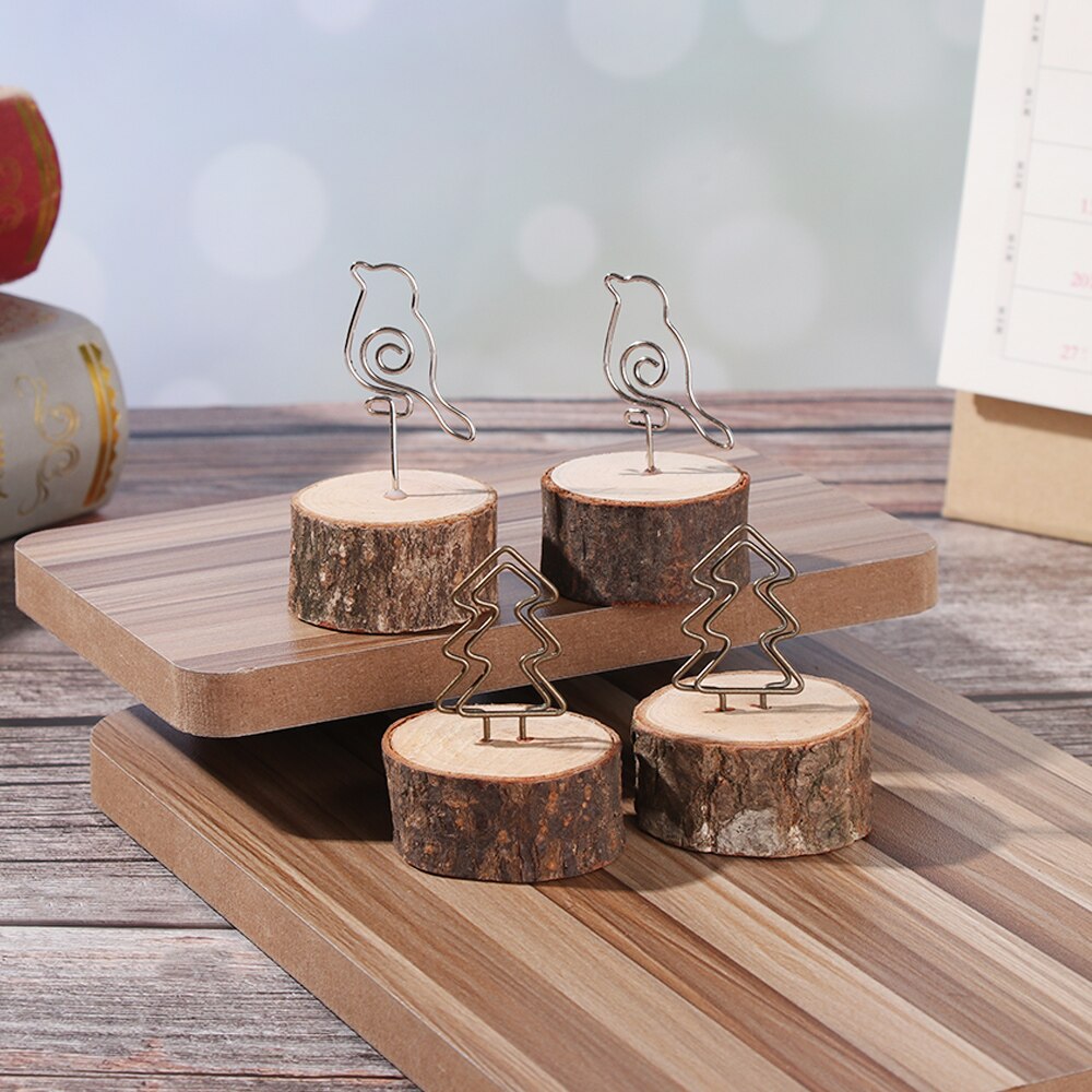 2PCs Wooden Photo Stand Memo Name Cards Holder Retro Wood Bark Cartoon Clips DIY Photo Iron Clip Wedding Party Christmas Decor