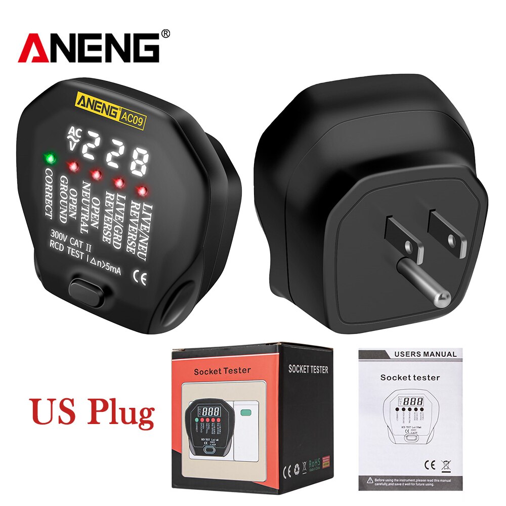 ANENG AC09 cyfrowy miernik robić gniazdka napięcie gniazdo testowe detektor nas/UK/ue/AU wtyczka na żywo ziemi neutralny mierników test RCD: US wtyczka