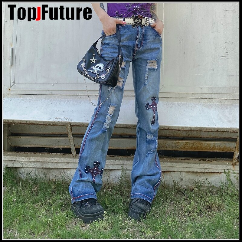 Women Girl boy men cross old shabby worn-out dilapidated HIP HOP Harajuku chain trousers pants jeans Gothic Lolita pants jeans: XXXL