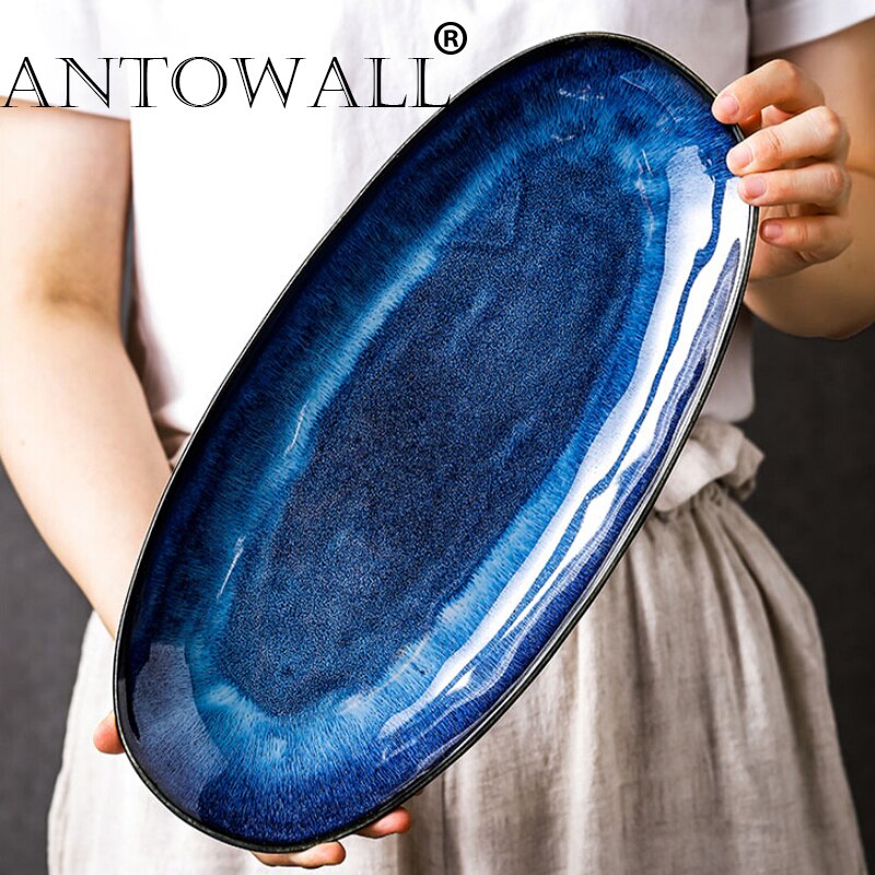 ANTOWALL-plato de pescado azul para horno de estilo japonés, plato de pescado al vapor para el hogar, plato de sushi de color esmaltado grande