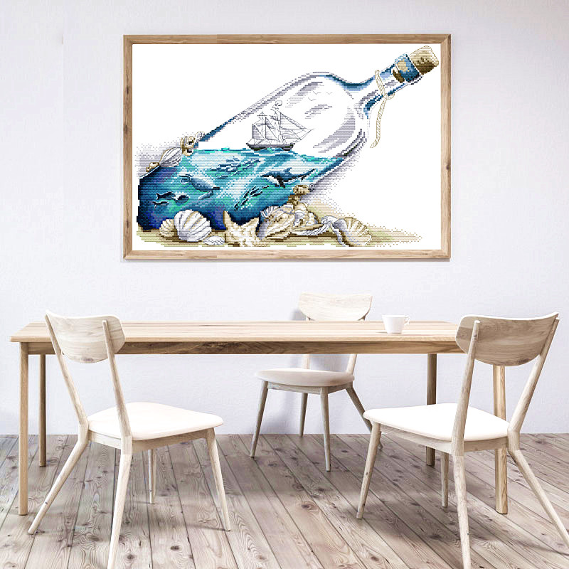 Zee In Een Fles Landschap Schilderen Geteld Kruissteek Kits 14CT Gedrukt Canvas Diy Voor Handwerken Sets Voor borduurwerk Kit