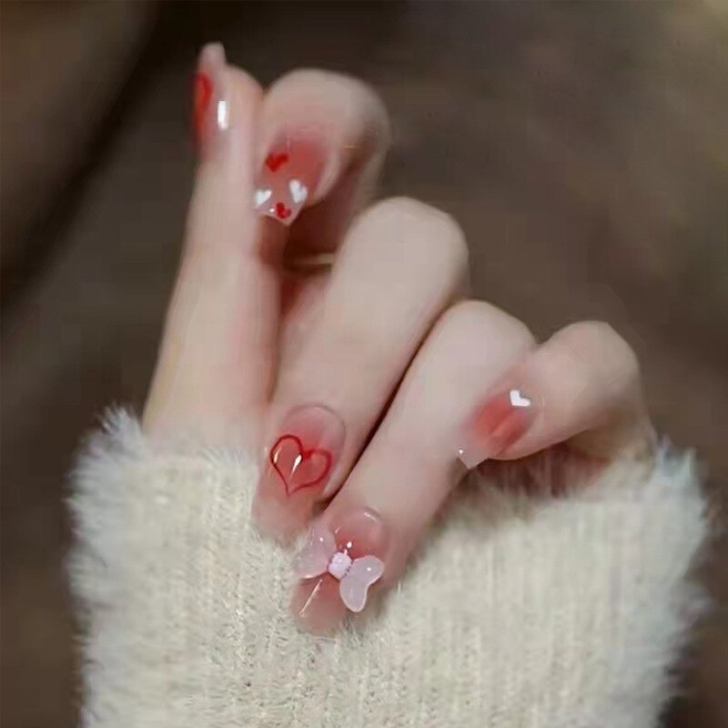 24pcs/box Stick On Nails with glue bear bow false nails bling press on nails nail supplies for professionals full cover: 217