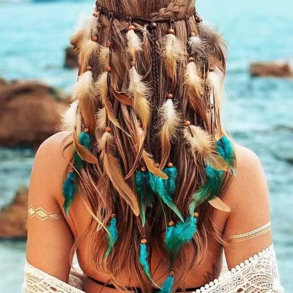 Tassel Feather Headband Adjustable Beaded Boho Style Headdress Ethnic Costume Rainbow Indian Headband Carnival: GRAY