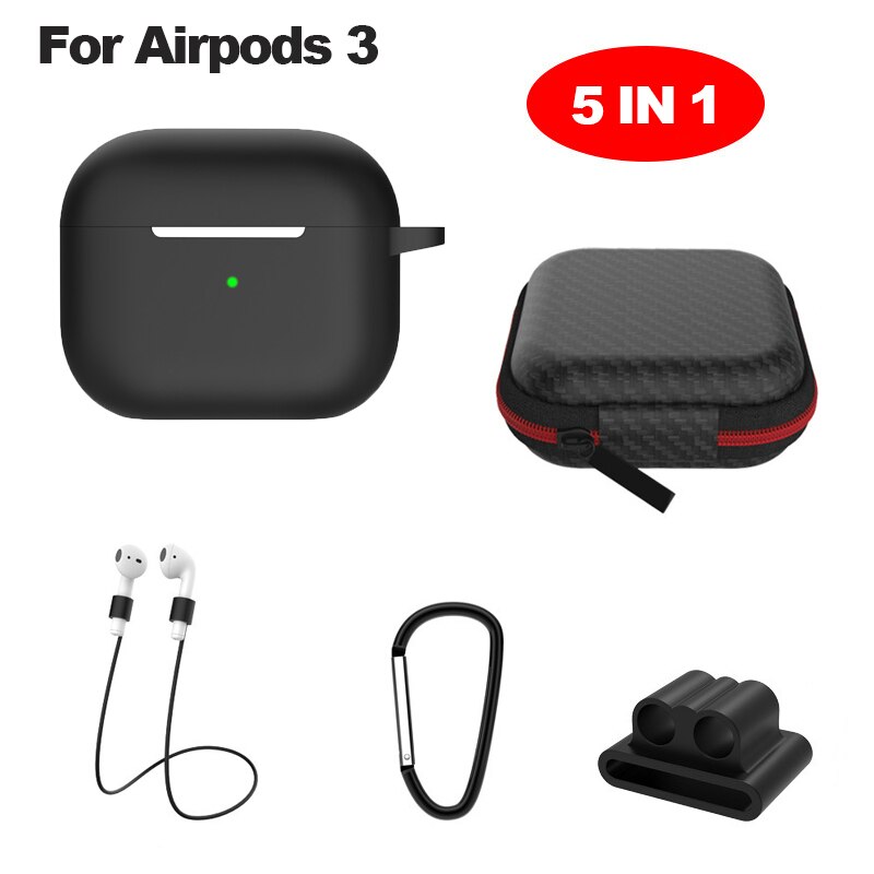 6 In-1 Case Lanyard Karabijnhaak Beschermhoes Voor Airpods 2 3 Hoofdtelefoon Siliconen Cover Voor Air Pods 2 3 Pro Case Accessoires Doos: black for airpod 3