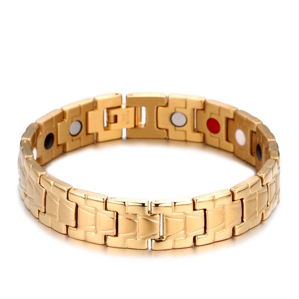 Pulsera de salud magnética para hombre Acero inoxidable 4in1 imanes iones negativos germanio Far Infra pulsera de mano de oro para hombre: 001
