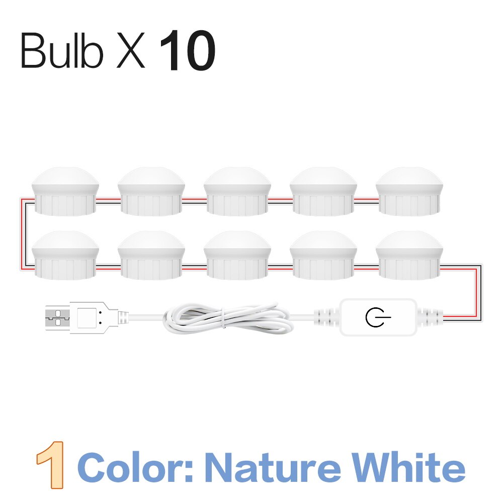 Usb 12v kit de lâmpadas led tipo hollywood para espelho, lâmpada regulável para maquiagem de banheiro, cosméticos, lâmpada de parede, iluminação para cosméticos: Nature White 10Bulbs