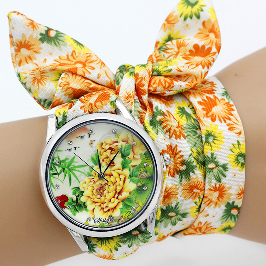 Shsby Dame Bloem Doek Horloge Vrouwen Jurk Horloge Stof Zoete Meisjes Armband Horloge Zilver 21 ~ 30 Horloges