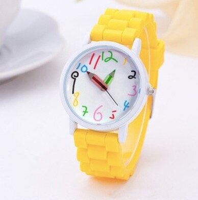 Mode Eenvoudige Mode Kinderen Kids Arabische Cijfers Potlood Analoge Weergave Quartz Horloge Voor: yellow