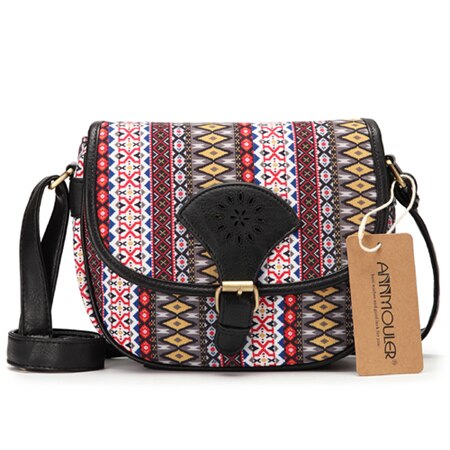 Annmouler brand kvinder skuldertaske vintage udhulet crossbody taske pu læder lille taske boheme stil messenger tasker: Sort