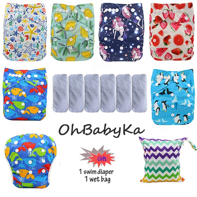 Ohbabyka Baby Cloth Diaper Couche Lavable Training Pants 6pcs Reusable Pocket Diaper Cover+6pcs Bamboo Insert Baby Nappies: 94