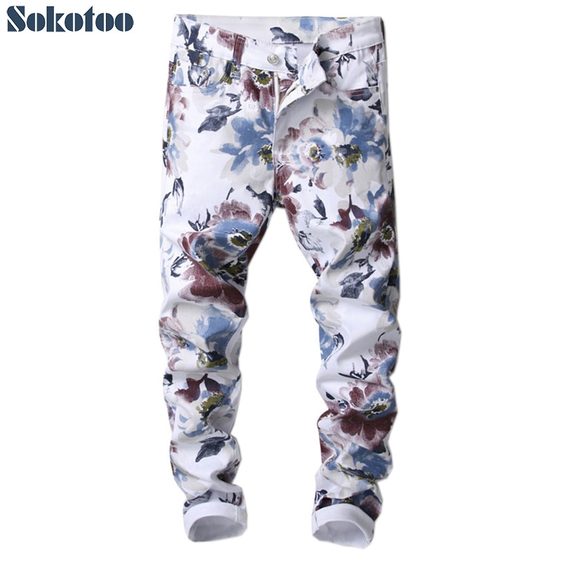 Sokotoo mænds slim fit blomst 3d trykte jeans blomstermønster print skinny stretch denim bukser