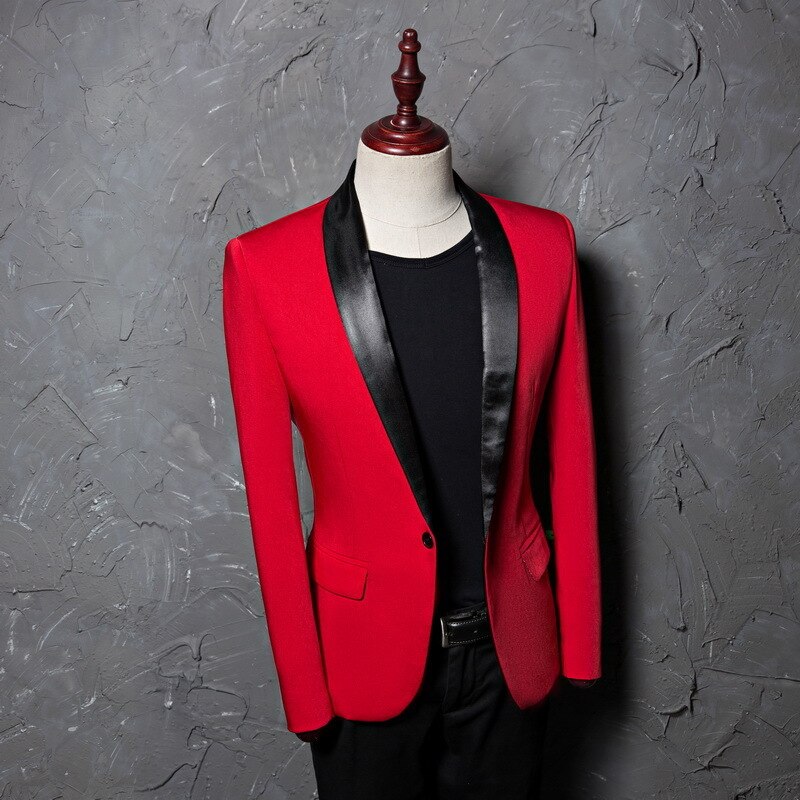 PYJTRL Men's Red Shawl Collar Single Button Suits Jacket Wedding Party Business Casual Blazer Coat Masculino Slim Fit Men