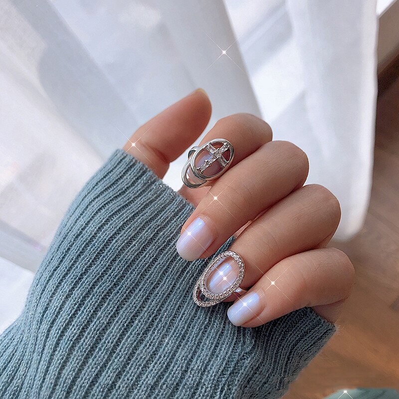 AOMU Neue Schmuck Hohl Nagel Ring Charme Kristall Finger Nagel Ringe Für Frauen Dame Strass Zirkon Fingernagel Schutzhülle