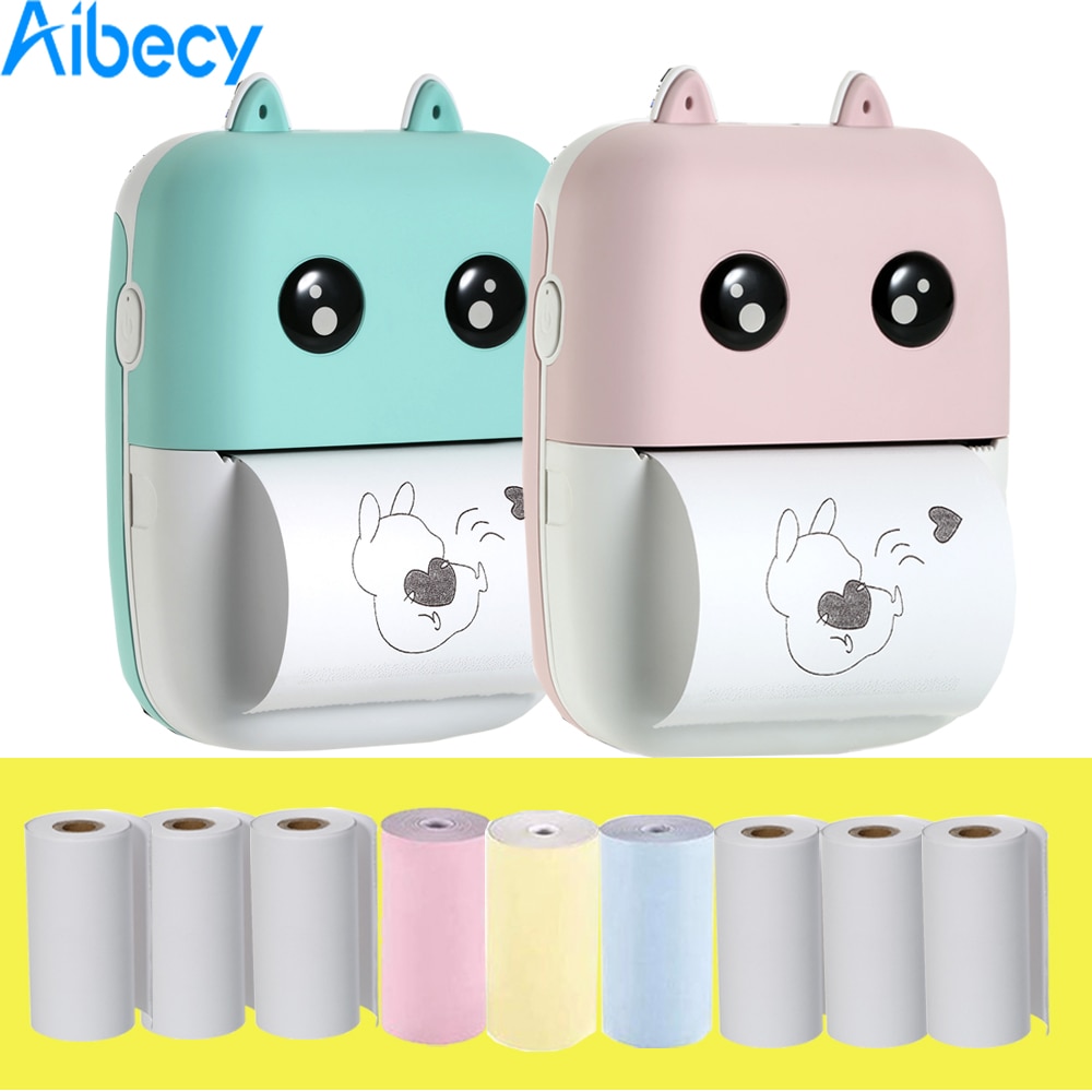 Aibecy-Mini imprimante thermique de poche, 58mm, imprimante BT sans fil, 200dpi, avec 1 rouleau de papier thermique, pour impression d'étiquettes photos et mémos
