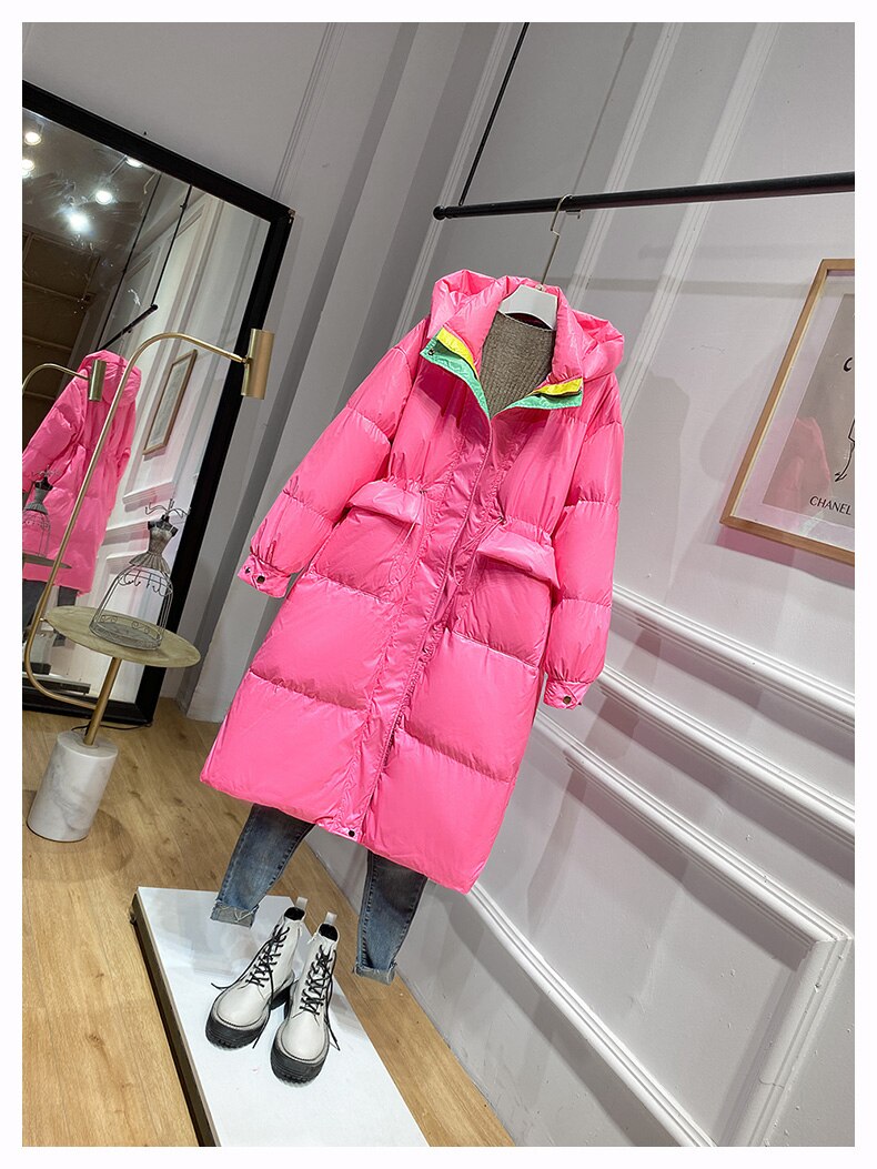 Chaqueta de plumas con capucha para Mujer, Abrigo largo de plumas por encima de la rodilla, Color caramelo Delgado, novedad de invierno: Pink