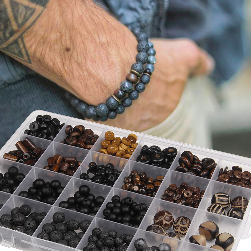 Natürliche Lava Stein Holz Bead Kit Bodhi Wurzel Charms Elastische String Handgemachte Box Für Schmuck, Die DIY Männer Armbänder Halsketten