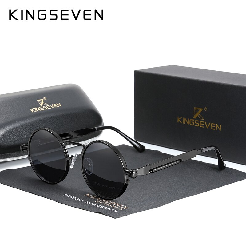 KINGSEVEN, gafas de sol góticas Steampunk de , gafas de sol polarizadas para hombres y mujeres, gafas de sol con montura metálica redonda Vintage de de: Negro
