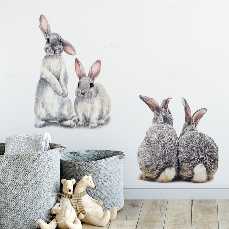 Leuke Twee Grey Bunny Konijn Hazen Muurstickers Voor Kinderkamer Baby Kinderkamer Decoratie Muurstickers Home Decor Pvc verwijderbare