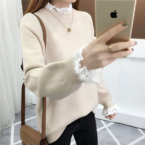 Lace Pullover Sweater Women 2022 Winter Spring Stitching Round Neck Loose Fit Warm Base Knitted Sweaters Sweet Female Flower: Beige