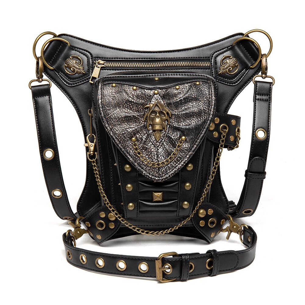 Riñonera Retro Steampunk para mujer, bolso de cuero, Punk, Rock, gótico, motorista, para Cosplay, escenario, , espectáculo, de viaje: Black
