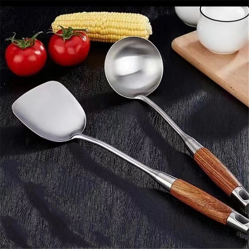 304 Stainless Steel Wok Spatula Rosewood Handle Kitchen Essentials Cooking Tools utensilio Accessories Slotted Turner Rice Spoon: A2