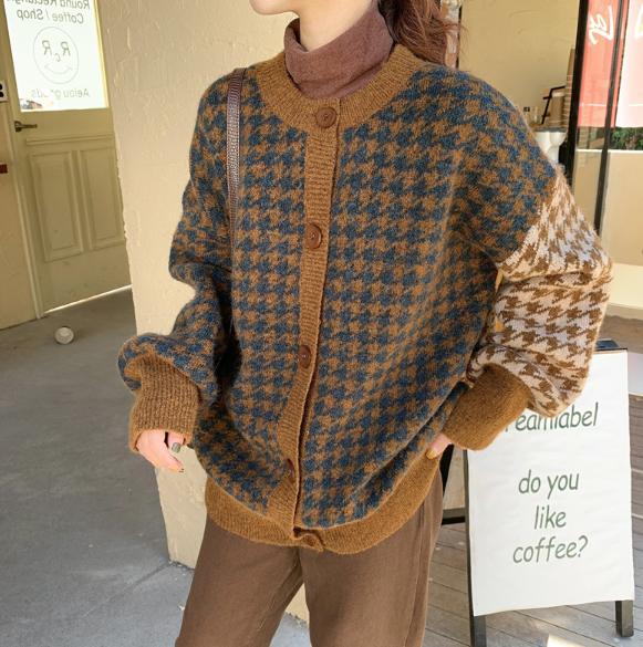 Suéteres de mujer de gran tamaño, suéter de otoño e invierno, cárdigans vintage con botones y cuello redondo, cárdigan holgado de una sola botonadura y mangas abullonadas.: Color ga