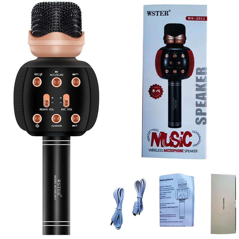 WSTER Version Bluetooth Karaoke Microphone Wireless Speaker Handheld Player Magic Voice Record Music Mic PK WS-858: Black