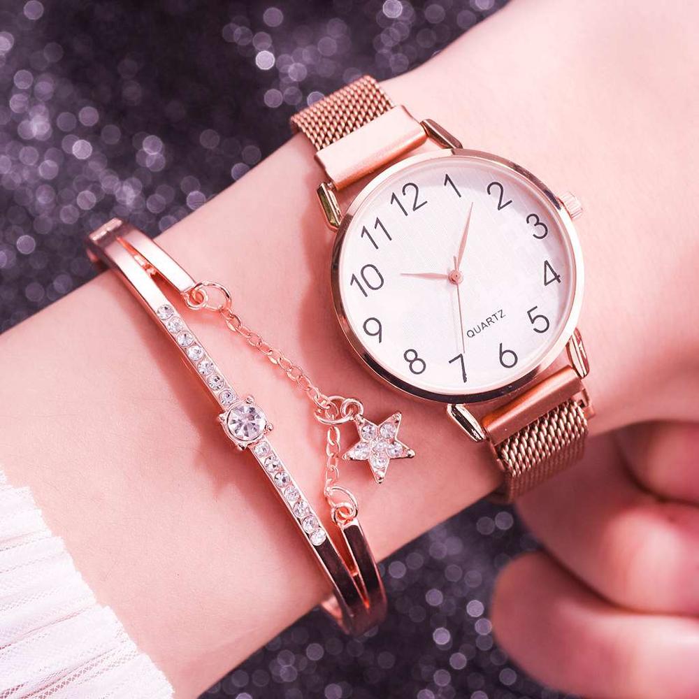 Ensemble de 2 montres pour femmes avec bracelet en maille magnétique et aimant en or, montres à quartz à chiffres arabes pour femmes