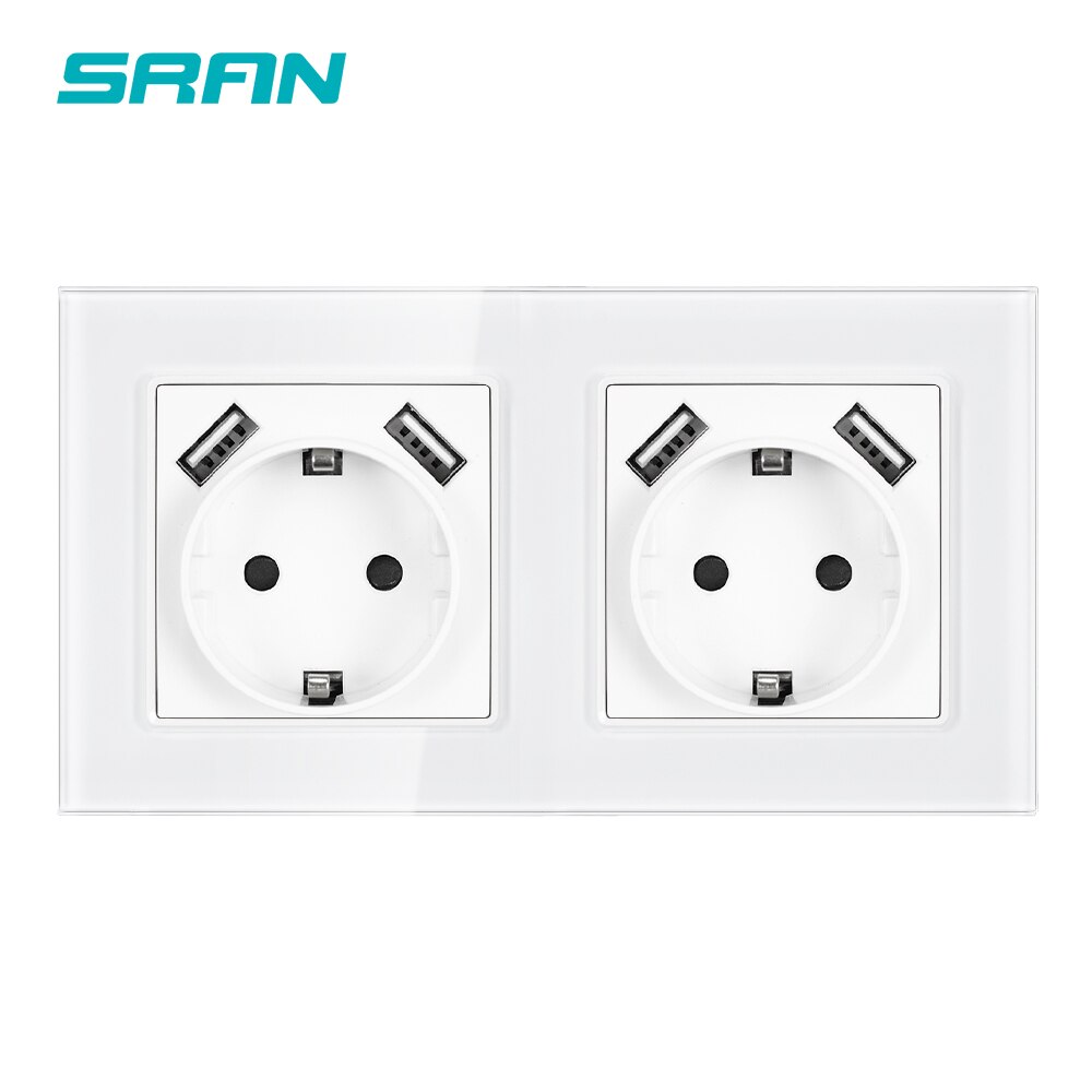SRAN EU wall double socket with USB, 220v 16A electrical outlet 153*82mm crystal glass panel Home improvement plug