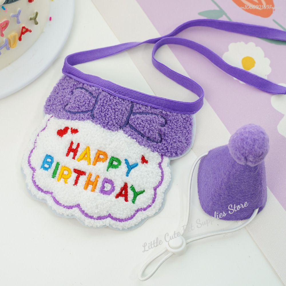 Chapéu de aniversário de gato e babador com bandana ajustável, Roupa doce do aniversário do animal de estimação, Cachecol de gatos: MULTI