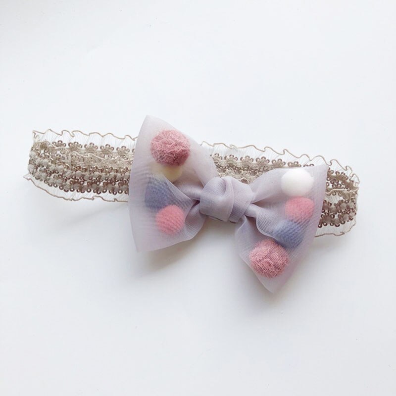 Baby Girls Bowknot Crown Headband Kids Lace Elastic Princess Hair Band Colorful Pompom Baby Hair Accessories