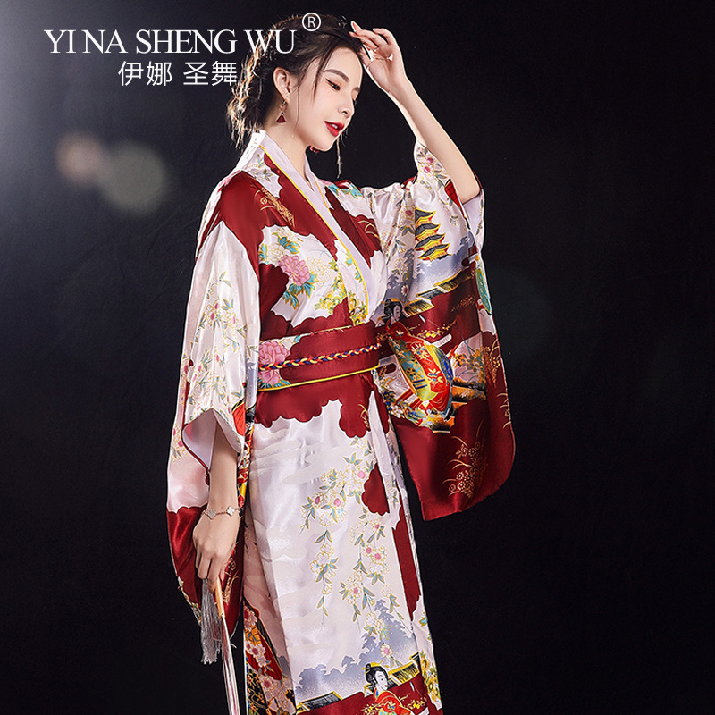 Kimono japonés Sexy para mujer, traje de Cosplay tradicional, de satén Floral, talla única, Yukata con Obi, novedad
