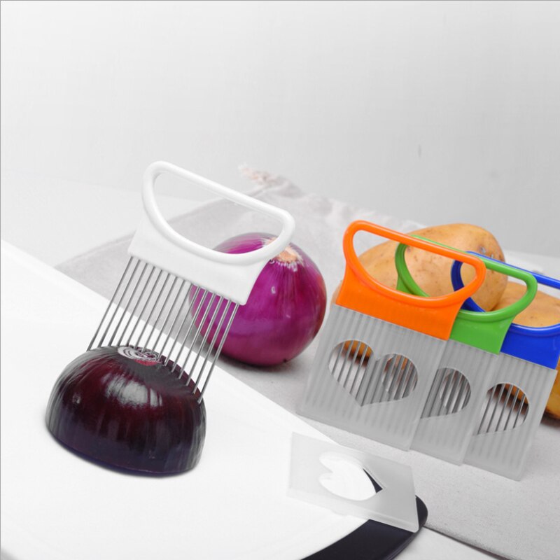 Stainless steel onion slicer kitchen tool onion fork meat pine needles fruit vegetable slice fixing tool with protective cover
