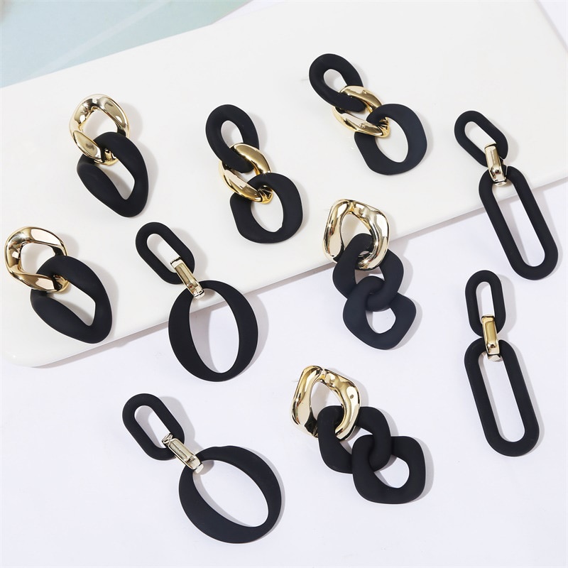 Pendientes de Clip de cadena acrílica para mujer, aretes largos de color dorado, mate, negro, Vintage, ovalados, geométricos, sin agujeros,