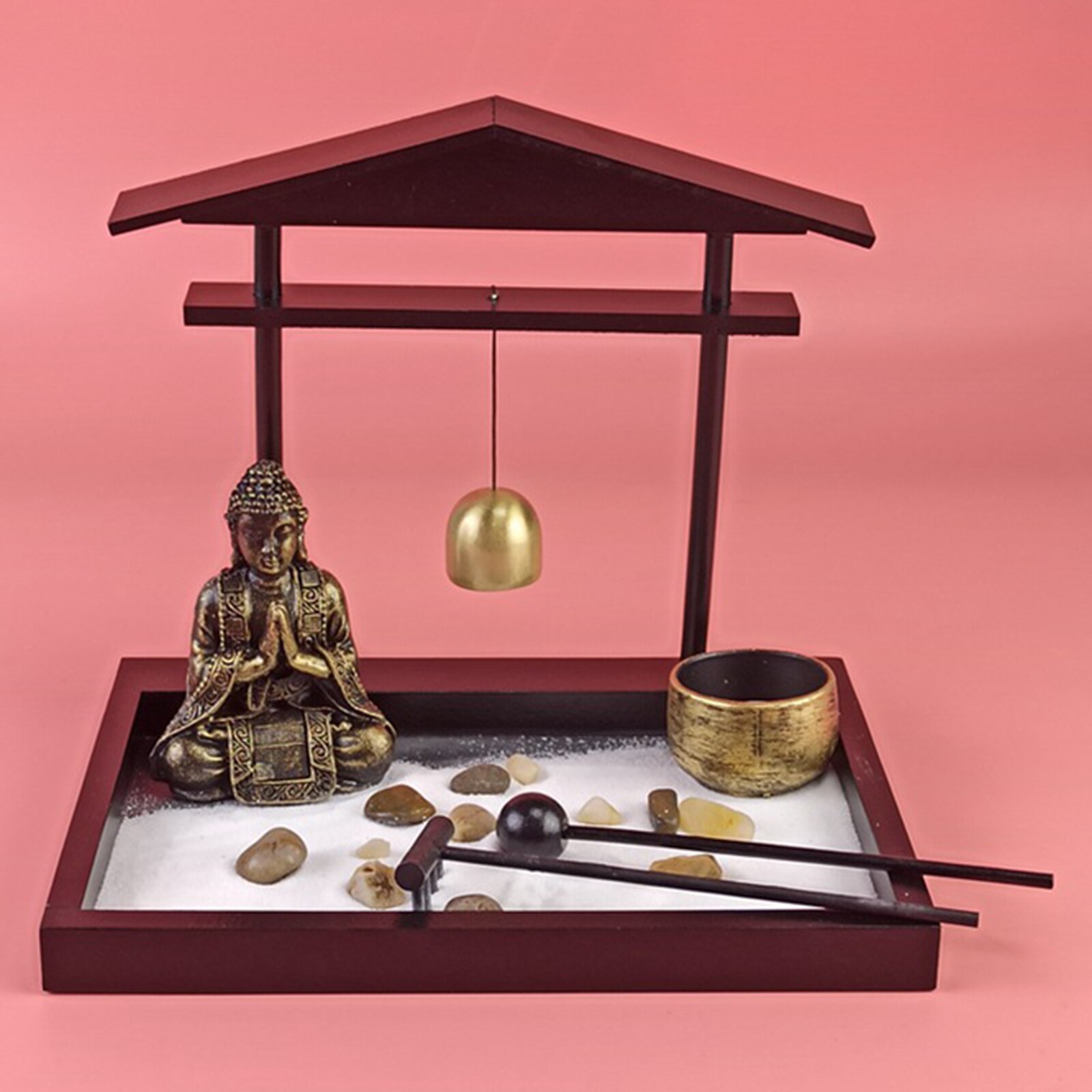 Rock Rake Zen Garden Kit Relaxation Miniature Sand Tray with Buddhist Statue