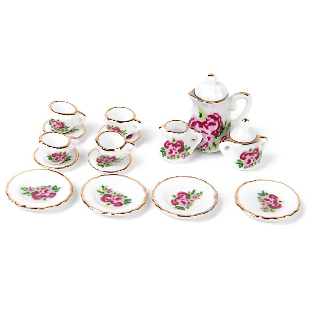FBIL-15 pieces Porcelain tea set Dollhouse miniature foods Chinese rose dishes cup