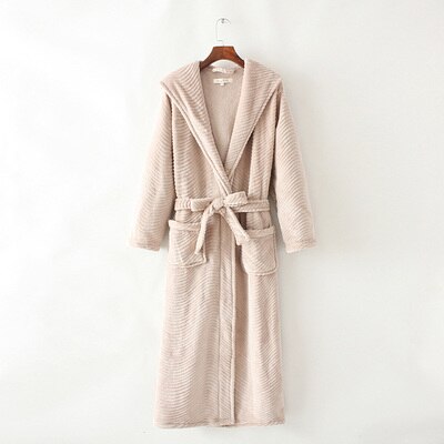 Winter Thickening Warm Flannel Hooded Bathrobe Men Dressing Gown Coral Fleece Bath Robe Male Sleepwear Nightgown Kimono Homme: beige / XL