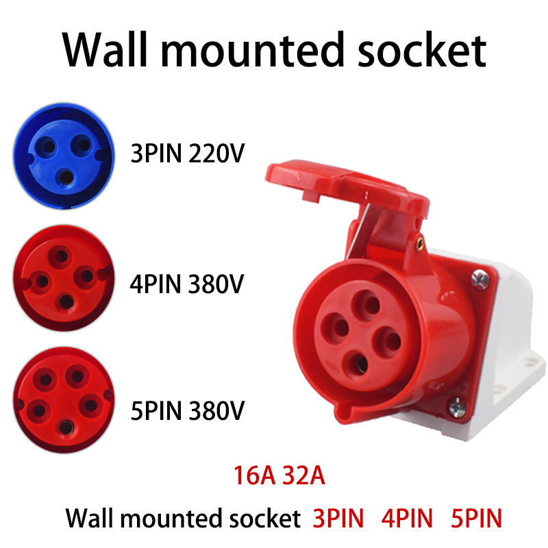 IP44 Industrial Plug and Socket Waterproof Connector 3PIN 4PIN 5PIN 16A/32A Waterproof Electrical Connection Wall Mount Socket
