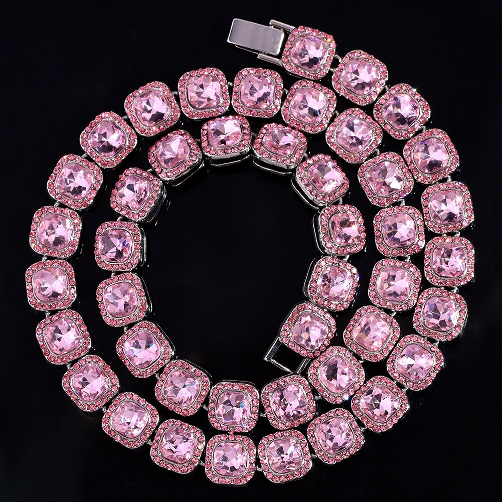 Women Bling Bling Pink Square Crystal Link Chain Necklace Hip Hop Gold Silver Color 13mm Luxury Cuban Choker Necklace Jewelry: RSL / 28inch(71cm)