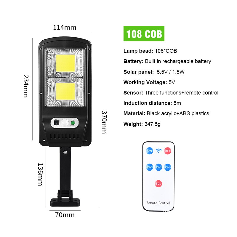 Motion Sensor Solar Led Light Remote Outdoor Wall Street Light Waterproof Human Body Induction Garden Multi-Mode Solar Lamps: 108 COB