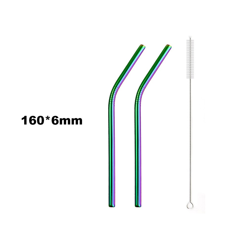 Pajilla de Metal reutilizable para beber, pajilla de Metal de acero inoxidable, paja colorida de arco iris de 16/19/21/23/26cm, diámetro de 6/8/12mm con 1 cepillo, 2 uds.: 160x6 Bent