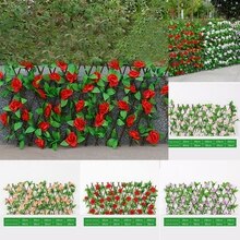 Telescopic Fence Artificial Rose Flower Garden Wall Privacy Fence Outdoor Garden Backyard Balcony Leaf Wood Telescopic Fence