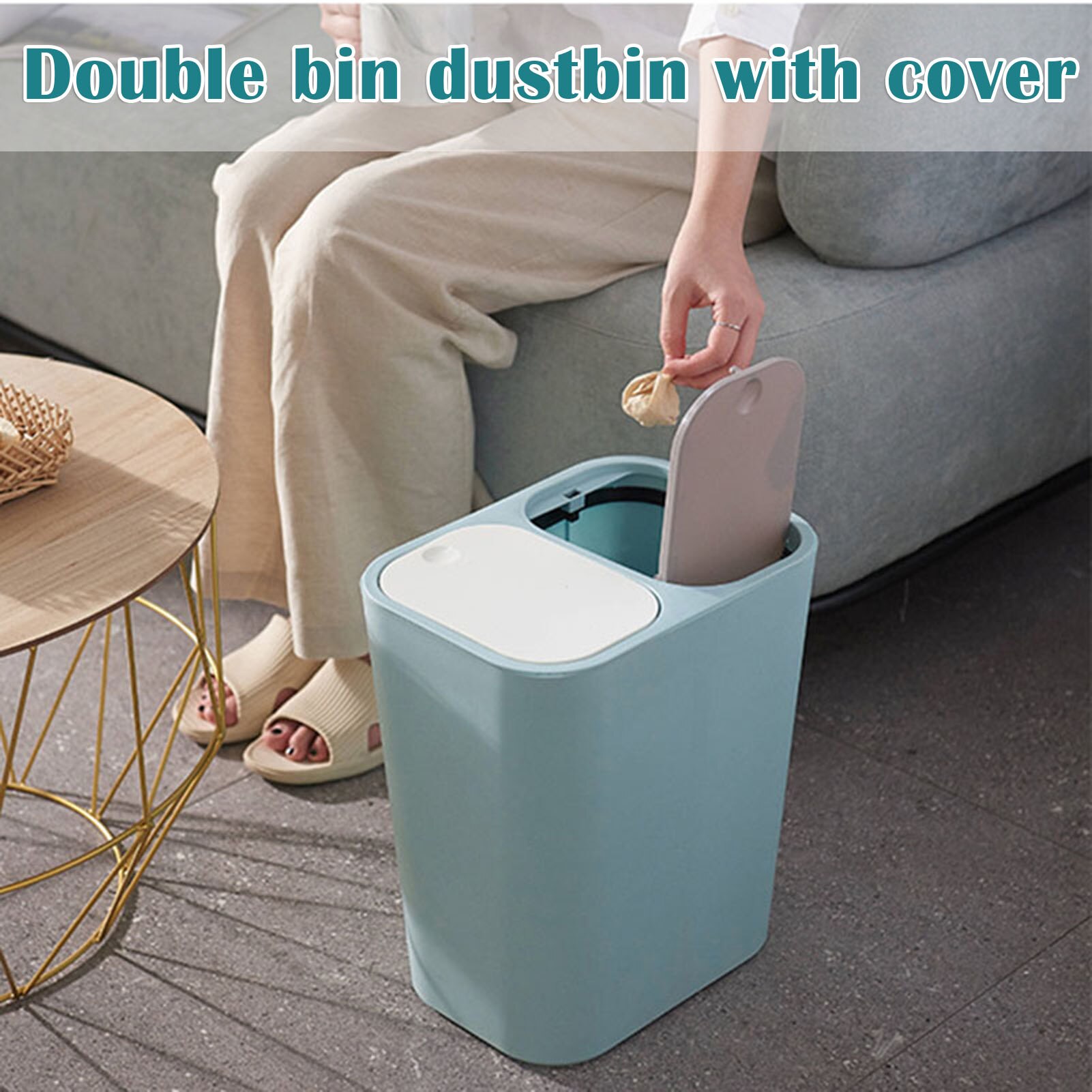 Trash Bin Rectangular PP Double Compartment Trash Bin with Lid for Kitchen Bathroom Living Room DRSA889