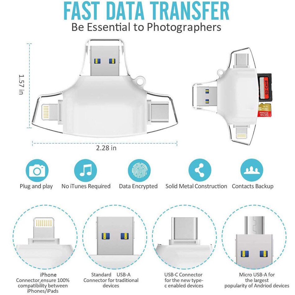 Lector de tarjetas Micro SD 4 en 1 tipo C, adaptador Lightning para iPhone, Android, iPad, MacBook, USB, OTG, extensión de teléfono