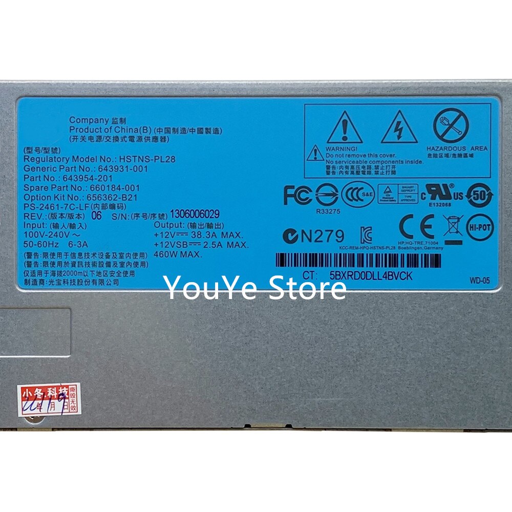 Voor Hp DL360P 380P DL380E 360E Gen8 460W Server Power HSTNS-PL28 643931-001 643954-201 660184-001 656362-B21 Voeding