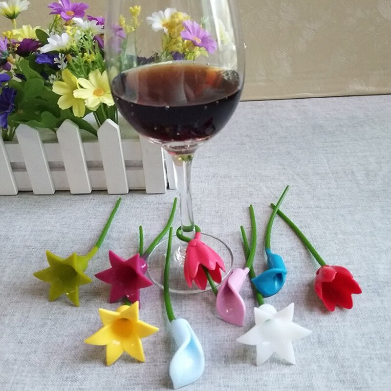 Marcador de taza de vino con flores, etiqueta de silicona para , herramientas de reconocimiento de vasos de vidrio, al azar, 6 uds.