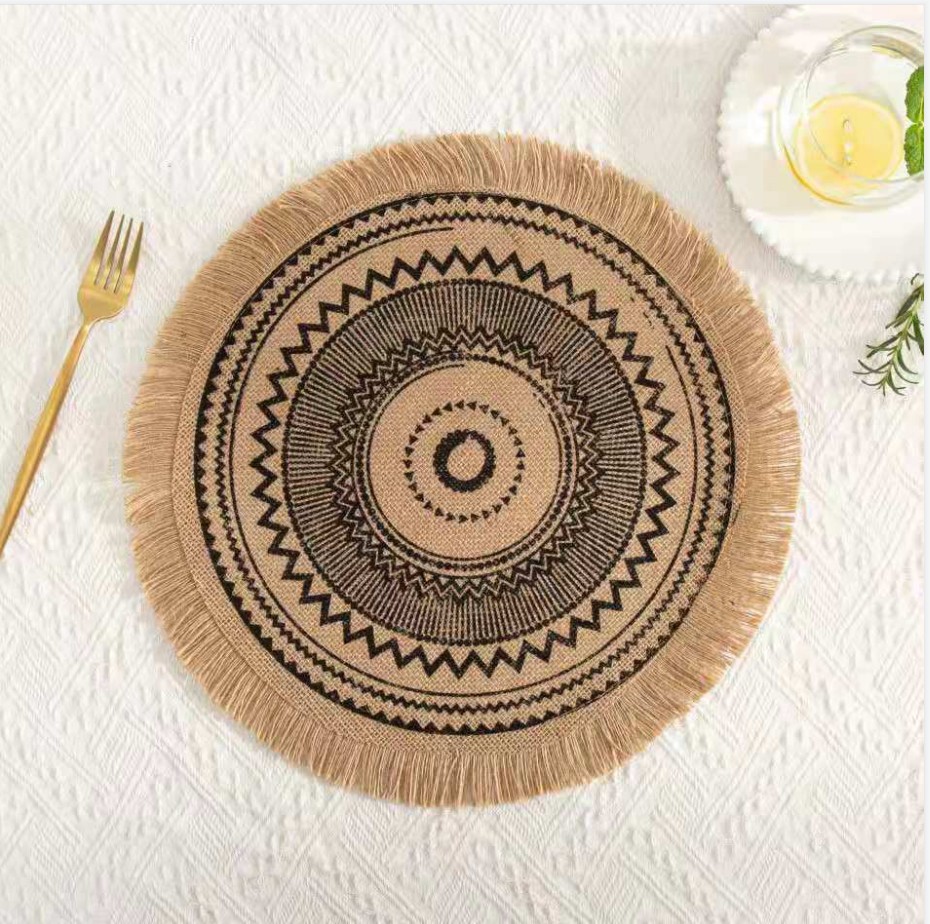 Napperon de Table à manger rond en Jute avec pompon, napperon tissé antidérapant, tapis isolant, dessous de verre pour café, décoration de la maison,: Color-07