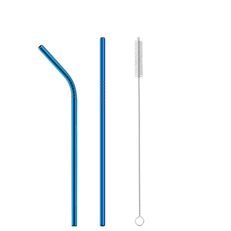 Paglia in acciaio inossidabile 304 diritta e curva in metallo paglia riutilizzabile con accessori per la pulizia della spazzola per feste: Blue