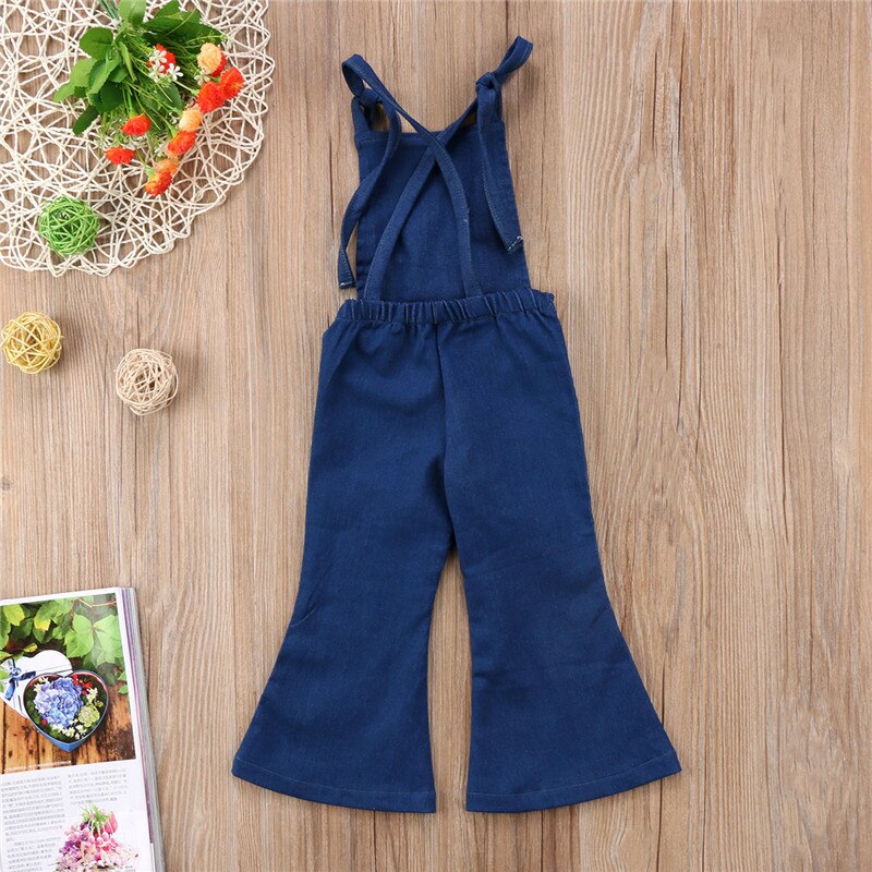 Mono vaquero sin mangas con tirantes y espalda descubierta para niña pequeña, pantalones con fondo de campana, ropa de verano,